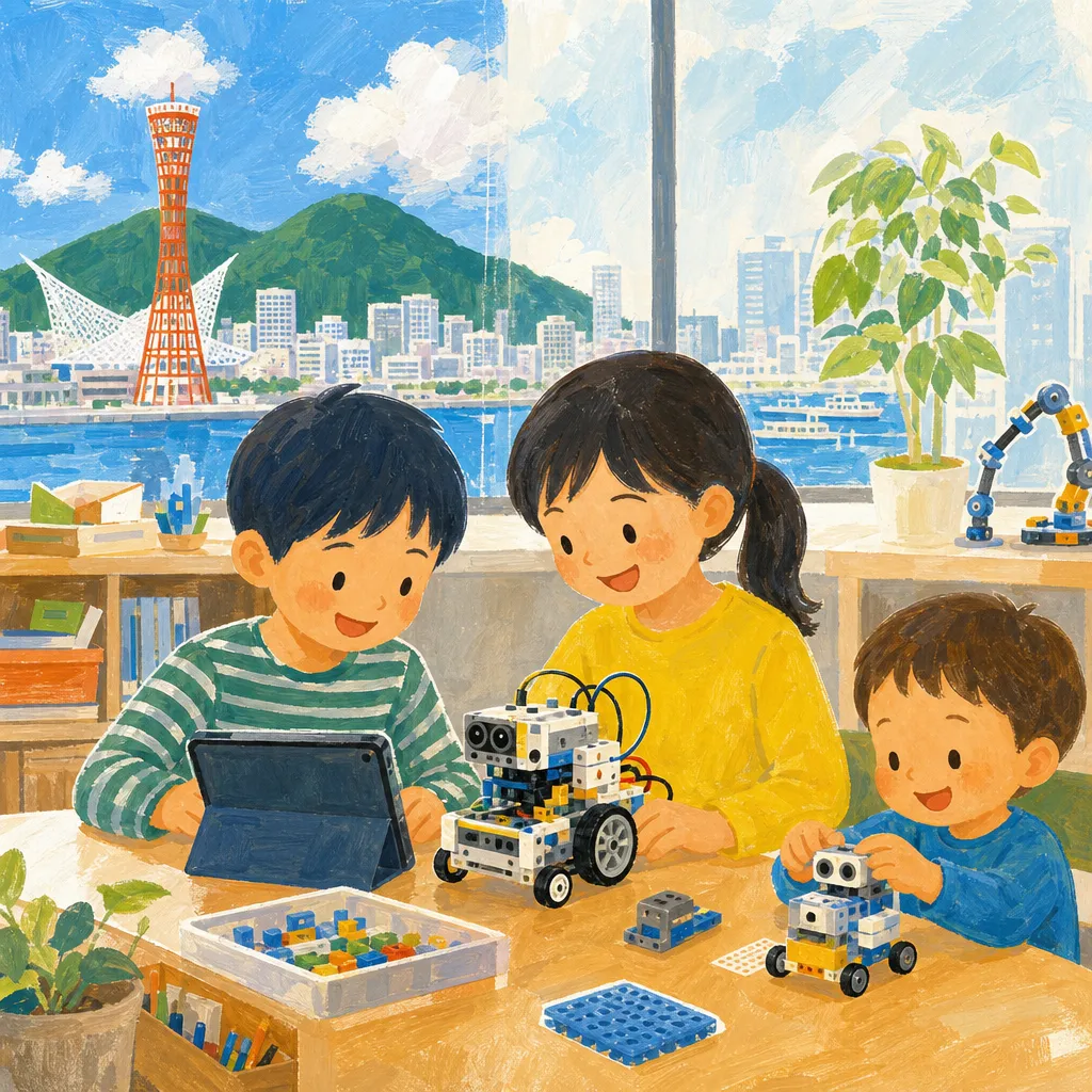 神戸市の教室で幼児と小学生がロボットを動かす体験